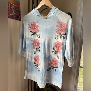 Wildfox Light Blue Cloud Print Half Sleeve Hoodie with Pink Rose Design